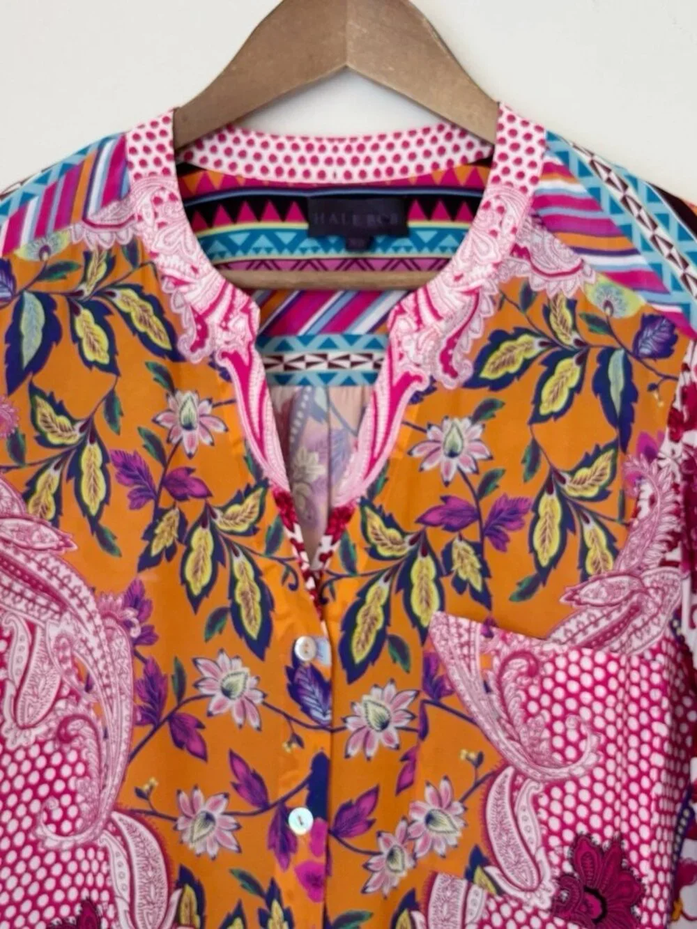 Hale Bob Vibrant Floral Paisley Button Front Silk Blouse XS Boho Maximalist - Picture 2 of 7